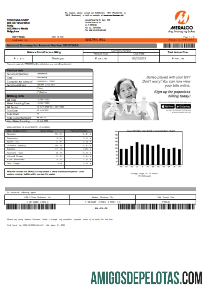 Projeto de lei de serviços públicos de eletricidade da Meralco Filipinas, SCR exemplo real